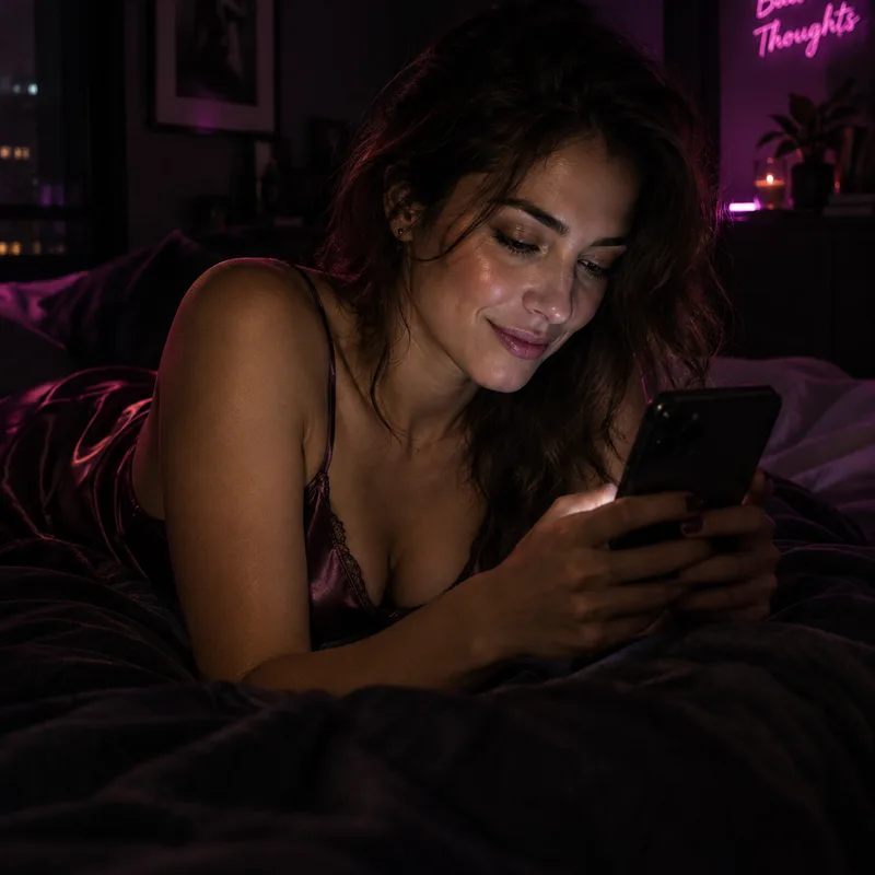Femme allongée sur son lit, souriante, qui tchatte sur son téléphone la nuit