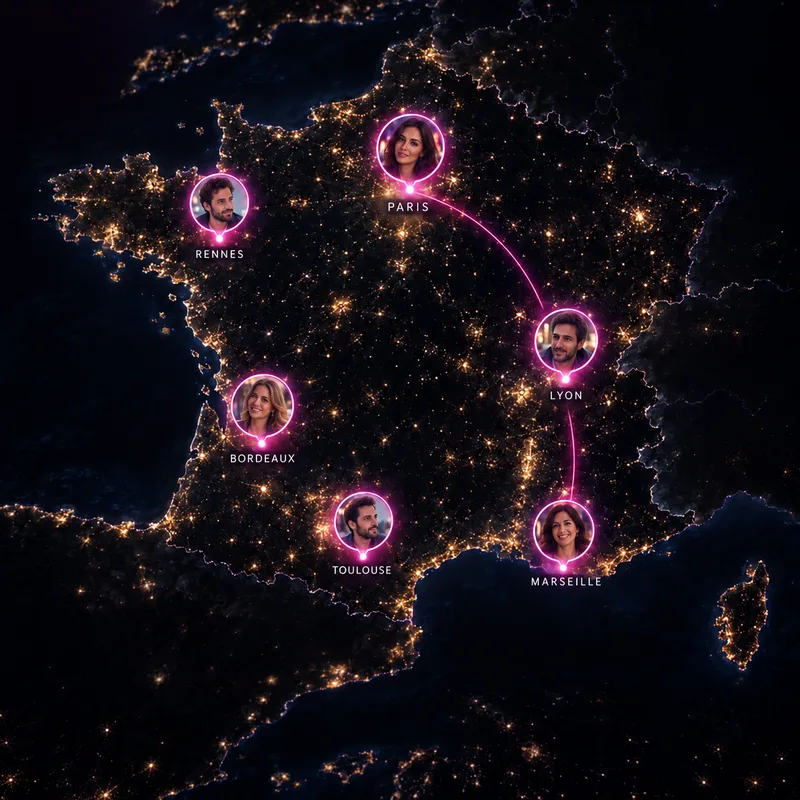 Carte de France de nuit avec des profils connectés à Paris, Lyon, Marseille, Toulouse, Bordeaux et Rennes