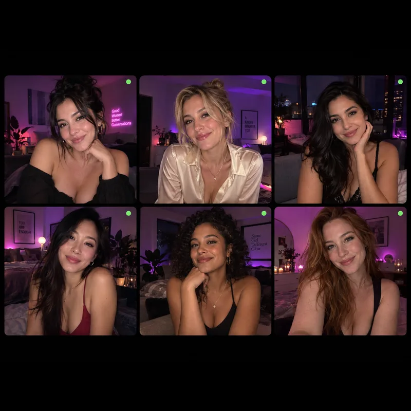 Six filles souriantes en tchat vidéo, chacune dans sa chambre le soir
