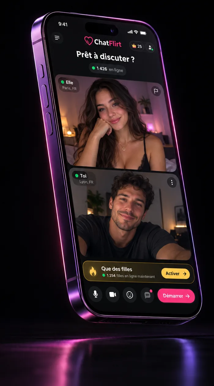 Tchat vidéo Chatintime sur smartphone : une fille et un garçon en conversation, bouton Démarrer